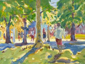 KEITH GARDNER RCA, OIL ON BOARD, RED SKIRTS IN THE PARK, APPROX 22 x 30cm
