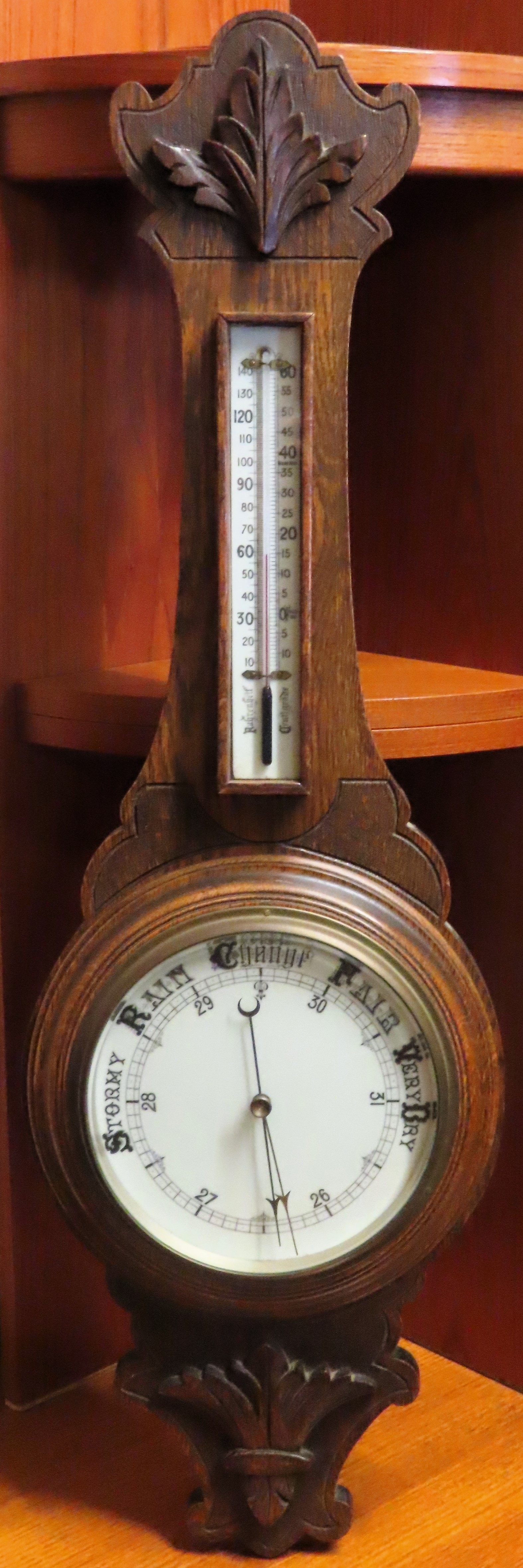 Oak cased wall hanging barometer. Approx. 90cm H Reasonable used condition, not tested for working