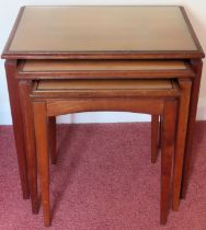20th century glass topped nest of three tables. Approx. 50 x 53 x 38cms reasonable used condition