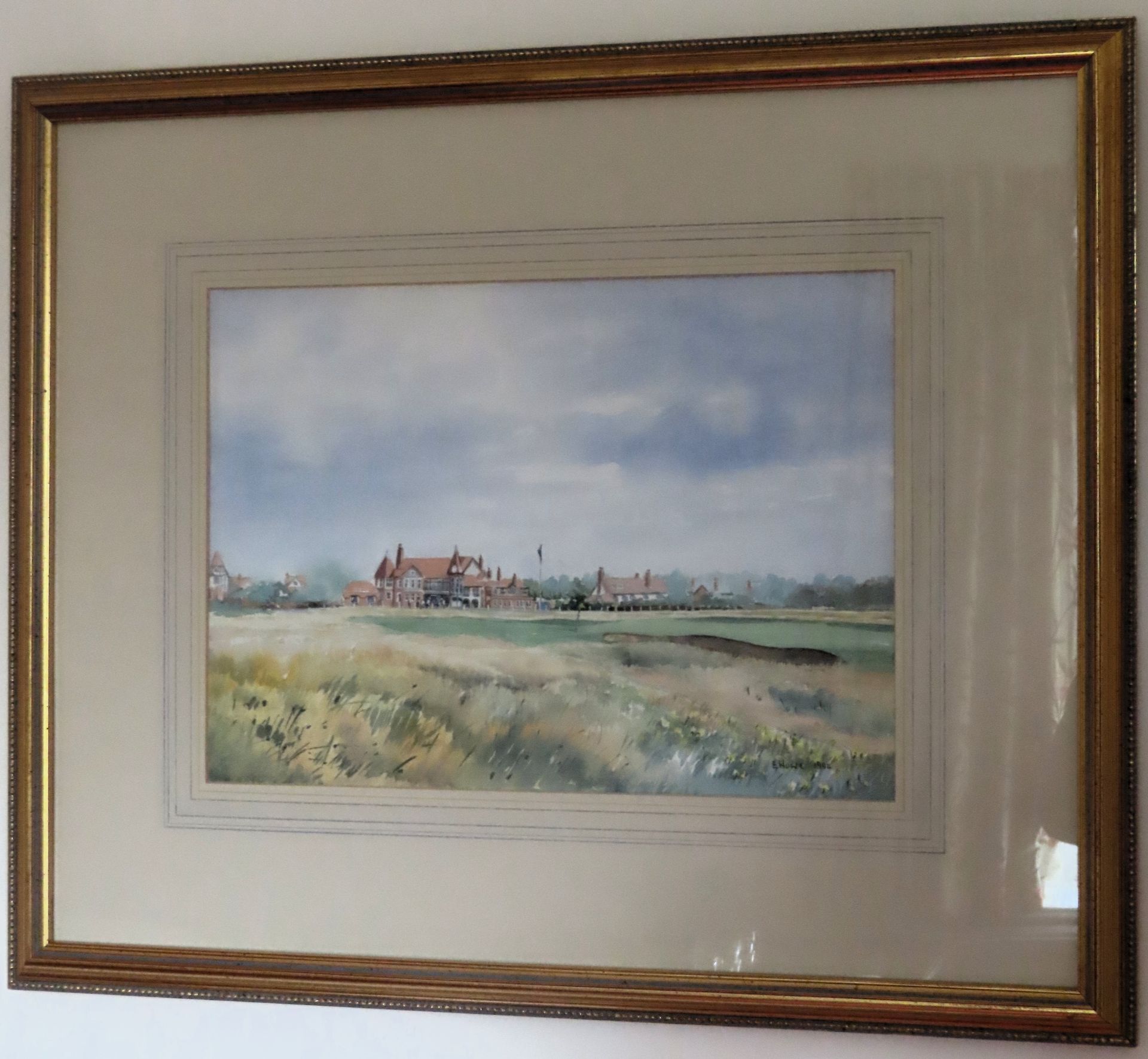 E. Howe - Framed watercolour depicting Royal Liverpool Golf, Hoylake. Approx. 25 x 35cms