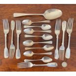 QUANTITY OF SILVER FLATWARE, SEVEN FORKS, 1834, NINE VARIOUS SPOONS, TOTAL WEIGHT APPROX 460g