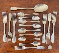 QUANTITY OF SILVER FLATWARE, SEVEN FORKS, 1834, NINE VARIOUS SPOONS, TOTAL WEIGHT APPROX 460g