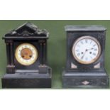 Two large black slate mantle clocks. Largest Approx. 33cm Both in used condition, both have evidence