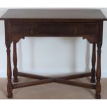 20th century oak priory style single drawer side table on stretchered supports. Approx. 76 x 91 x