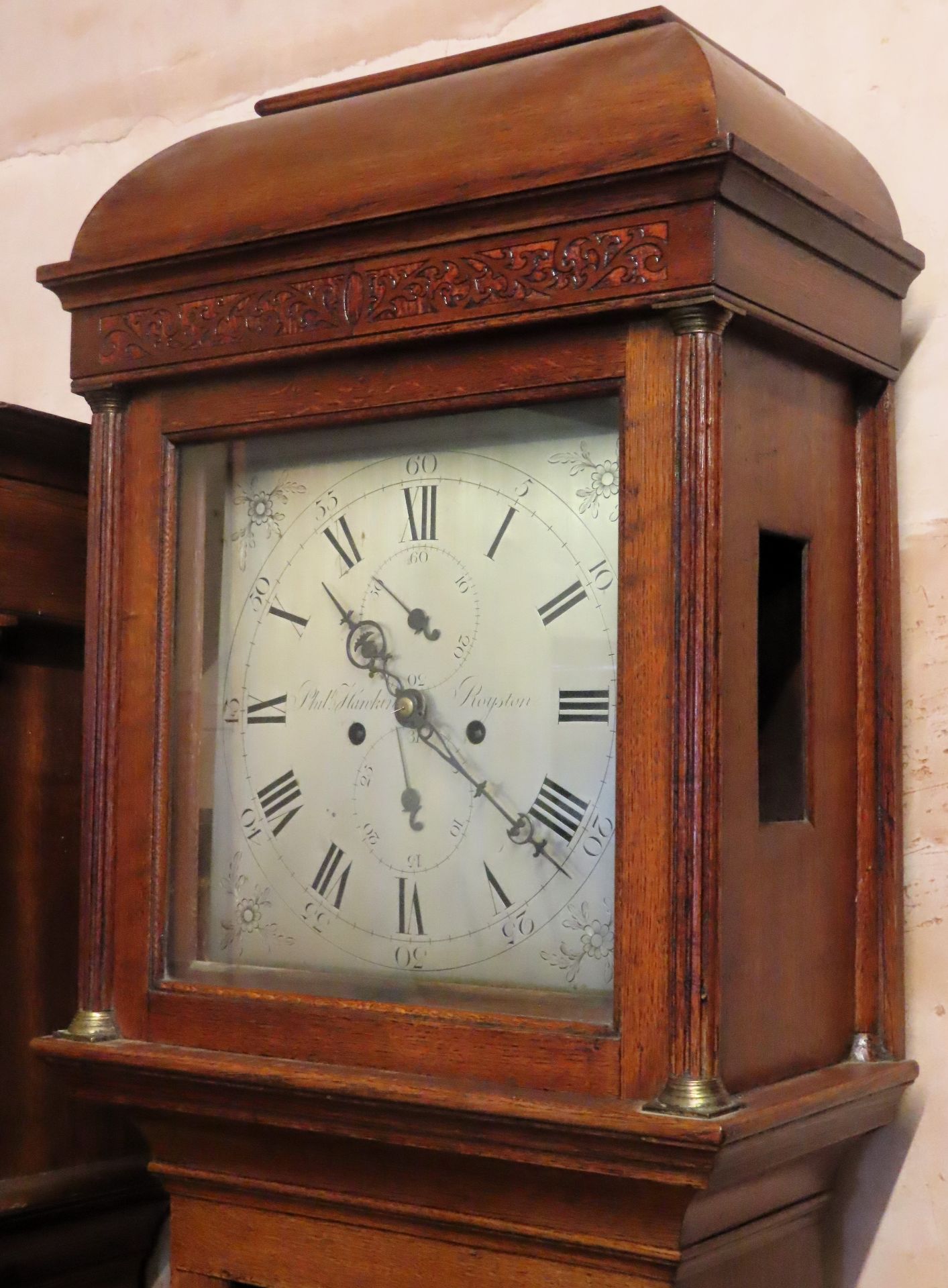 19th century oak cased long case clock with square silver coloured dial, Philip Hawkins, Royston. - Image 2 of 4