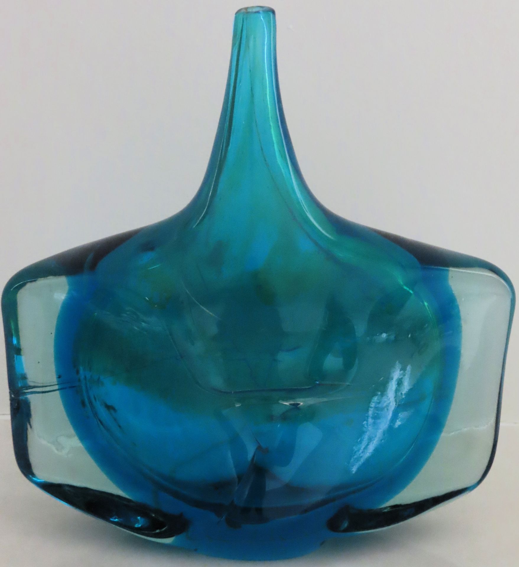 Mdina 1970's green/blue coloured art glass vase. Approx. 22cms H reasonable used with surface