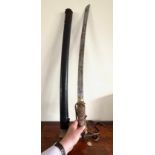 JAPANESE SWORD AND SCABBARD IN DISTRESSED CONDITION, BLADE LENGTH APPROX 60cm, TOTAL LENGTH APPROX