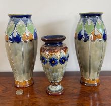 PAIR OF ROYAL DOULTON VASES STAMPED DOULTON ENGLAND, APPROX 25cm HIGH, AND ALSO DOULTON LAMBETH
