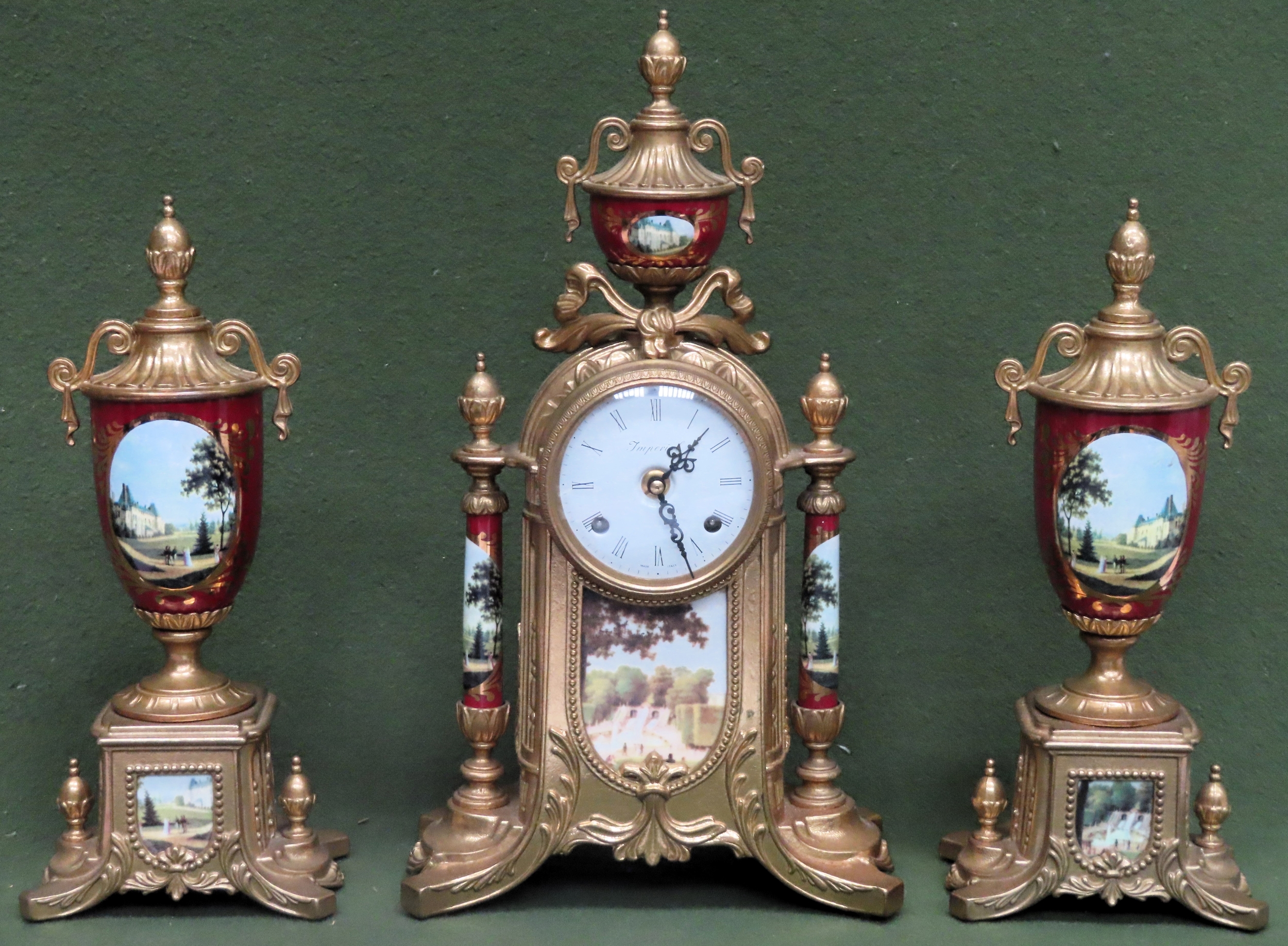 20th century gilt metal "imperial" clock and garniture set with panels 43cm H Used condition, not
