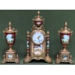 20th century gilt metal "imperial" clock and garniture set with panels 43cm H Used condition, not