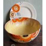 CLARICE CLIFF BIZARRE BOWL AND PLATE, BOWL DIAMETER APPROX 20.75cm, PLATE DIAMETER APPROX 23cm