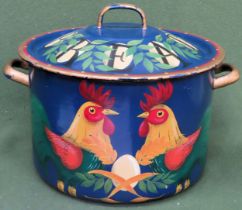 Decorative hand painted enamelled two handled bread bin. Approx. 39 x 32cms D reasonable used