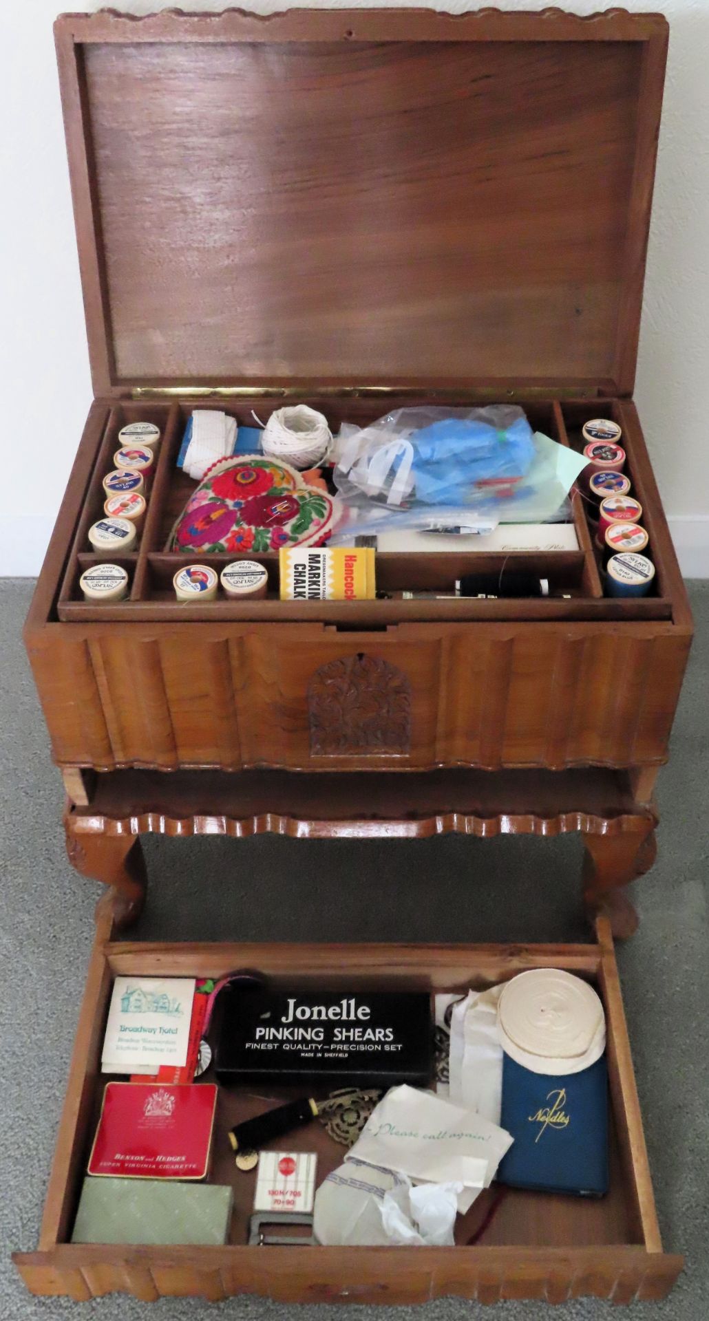 20th century small carved sewing box on cabriole supports. Approx. 39 x 45 x 30cms reasonable used - Image 2 of 2