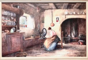 ETHEL WANE, WATERCOLOUR, 'SPINNING IN THE COTTAGE', SIGNED LOWER RIGHT, APPROX 48 x 74cm