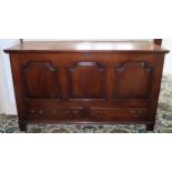 19th century panelled oak coffer with lift up cover and two drawers below. Approx. 85cm H x 145cm