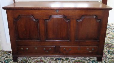 19th century panelled oak coffer with lift up cover and two drawers below. Approx. 85cm H x 145cm