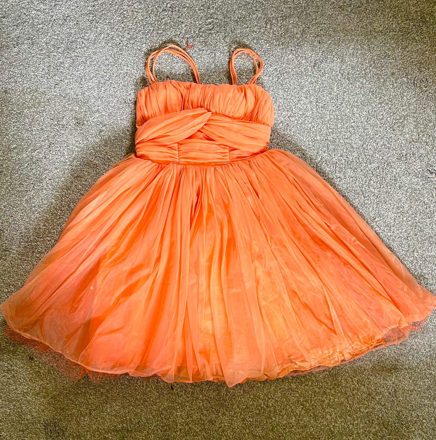 APRICOT NYLON/SATIN SHOULDER STRAP BALLERINA STYLE DRESS, SIZE 10