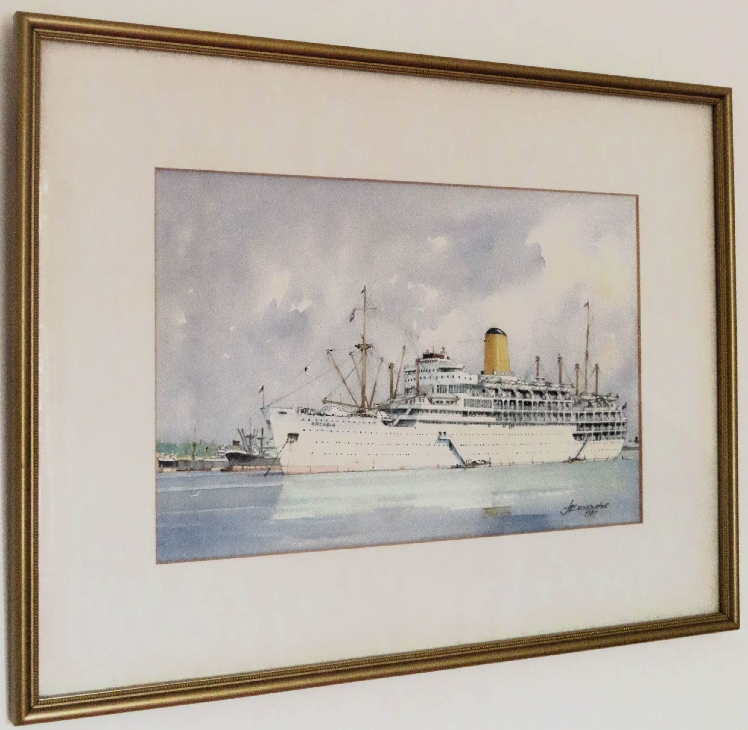 J A Drinkwater - Framed watercolour depicting yellow funnelled ship Arcadia. Approx. 18 x 28cms