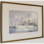 J A Drinkwater - Framed watercolour depicting yellow funnelled ship Arcadia. Approx. 18 x 28cms