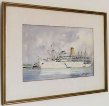 J A Drinkwater - Framed watercolour depicting yellow funnelled ship Arcadia. Approx. 18 x 28cms