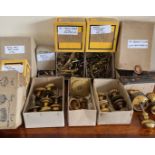 TWO BOXES OF BRASS CASEMENT STAYS, ONE BOX BRASS BOLTS, BRONZE KNOBS, SIX AND HALF PAIRS OF