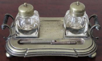 Early 20th century silver plated double inkwell, plus two propelling pencils Reasonable used