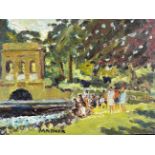 KEITH GARDNER RCA, OIL ON BOARD, 'FISHING BY THE BOATHOUSE', APPROX 15 x 20cm