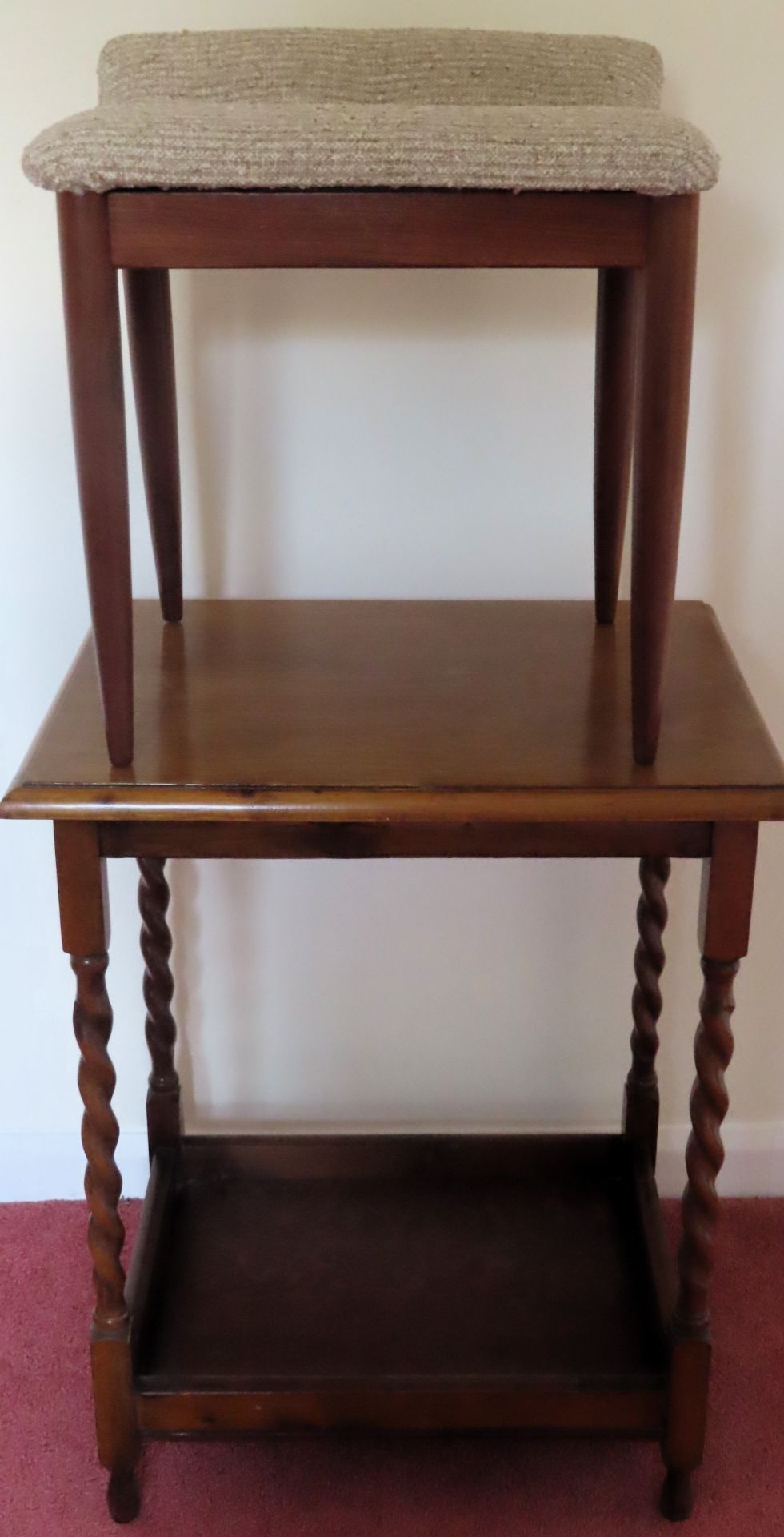 20th century barley twist side table, plus uplhostered G-Plan style teak stool reasonable used