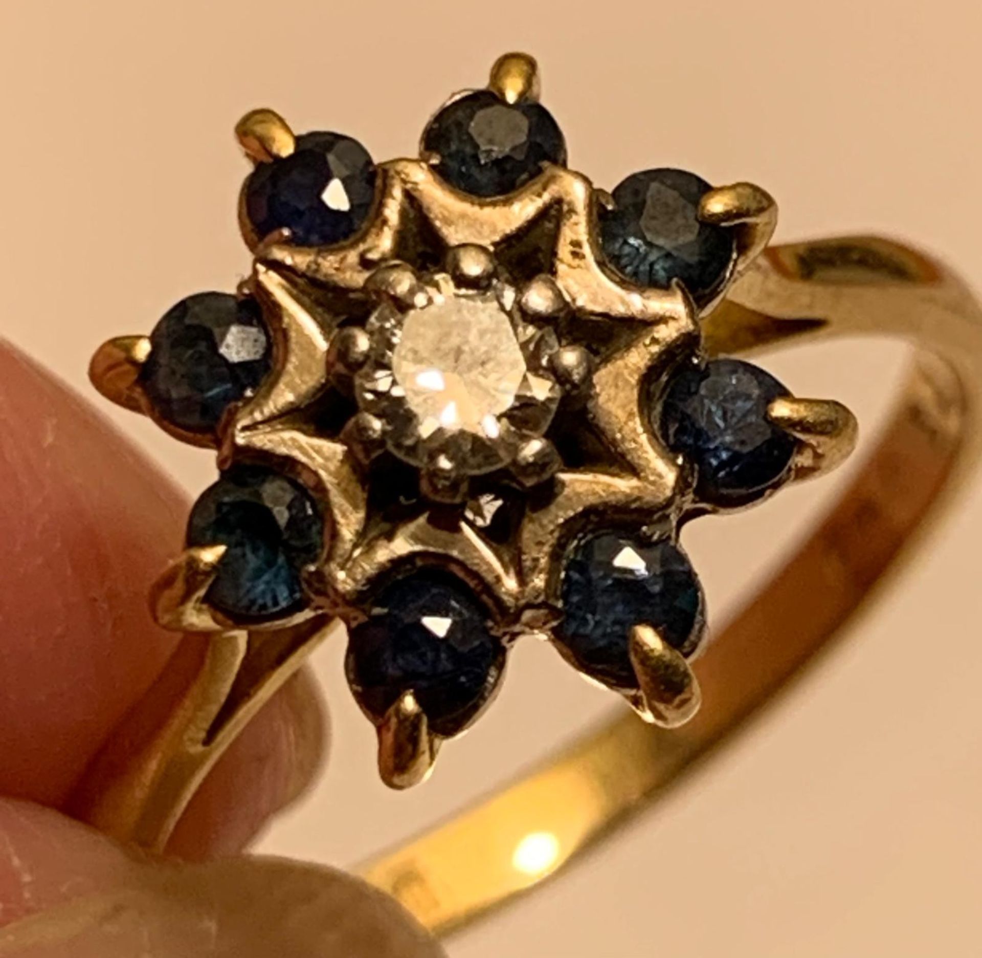 18ct GOLD RING SET WITH ONE APPROX 0.25ct DIAMOND AND EIGHT APPROX 0.7ct SAPPHIRES, TOTAL WEIGHT