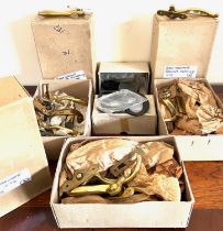 APPROX THIRTY-FIVE OLD SHOP STOCK BRASS CASEMENT FASTENERS AND HOUSE NUMBERS