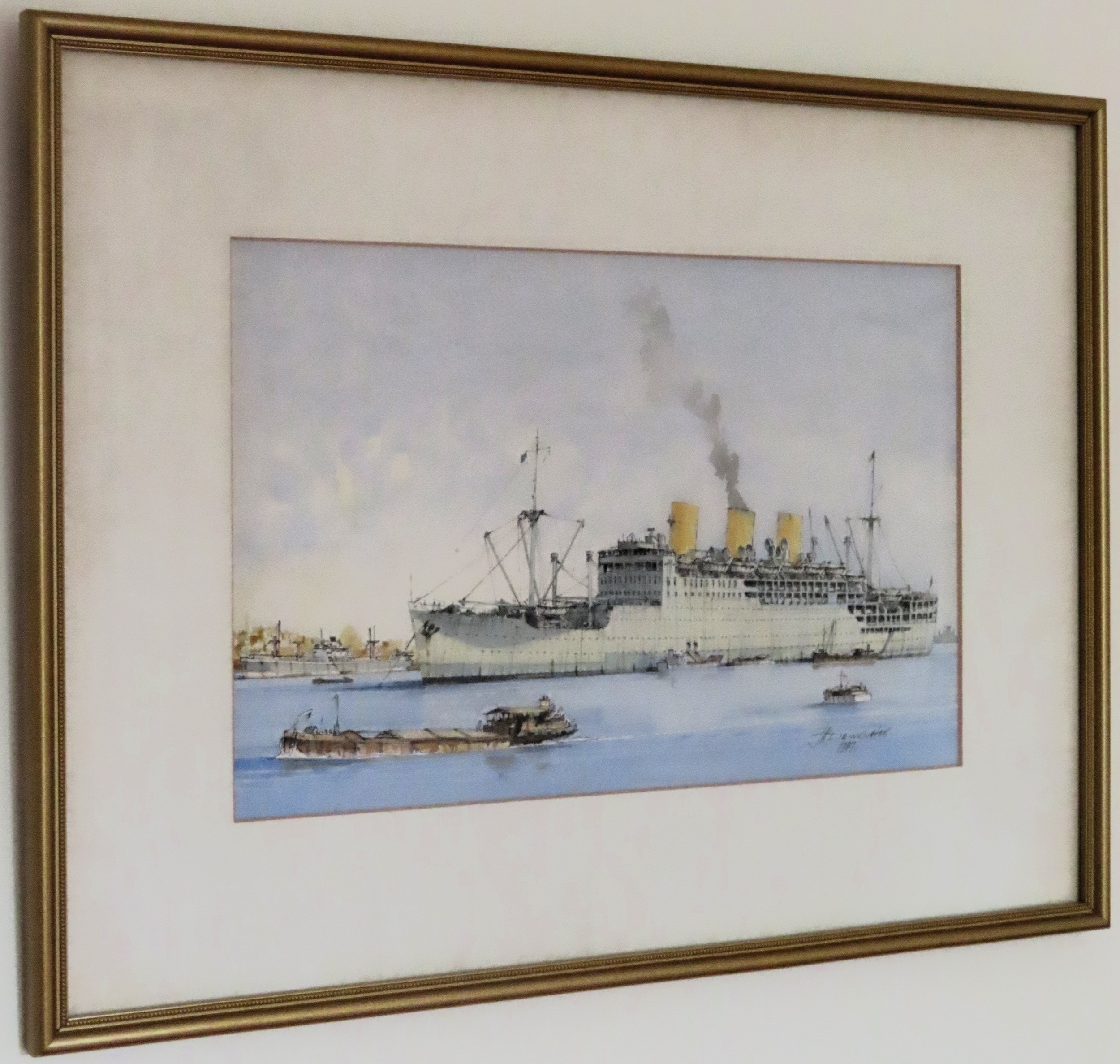 J A Drinkwater - Framed watercolour depicting a three funnelled ship and others. Approx. 18 x