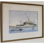 J A Drinkwater - Framed watercolour depicting a three funnelled ship and others. Approx. 18 x