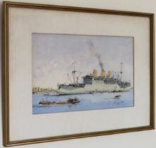 J A Drinkwater - Framed watercolour depicting a three funnelled ship and others. Approx. 18 x