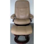 Ekorness 20th century upholstered reclining swivel armchair with footstool. Approx. 106cms H