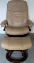 Ekorness 20th century upholstered reclining swivel armchair with footstool. Approx. 106cms H