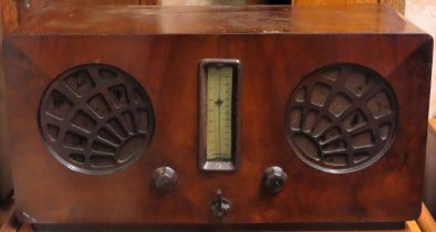 Early 20th century walnut veneered McMichel twin Supervox radio Used condition, not tested for