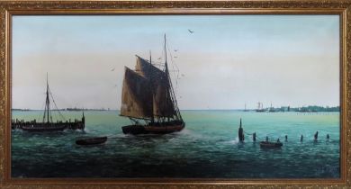 Kevin Platt - Gilt framed oil on canvas - Leaving Port. Approx. 65 x 90cms reasonable used condition