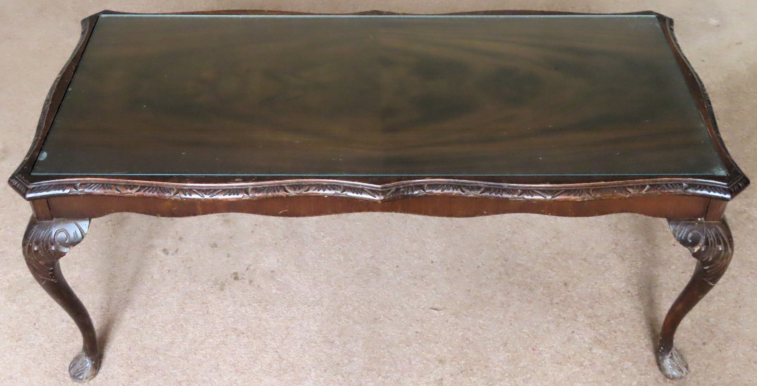 20th century glass topped coffee table. Approx. 47cm H x 110cm W x 50cm D Used condition, scuffs and