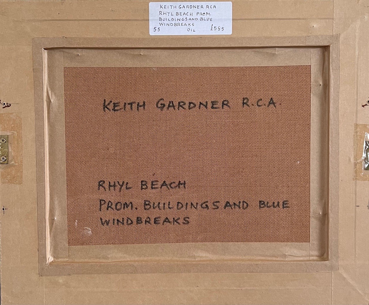 KEITH GARDNER RCA, OIL ON BOARD, 'RHYL BEACH, PROMENADE BUILDINGS AND BLUE WINDBREAKS', APPROX 22 - Image 3 of 3