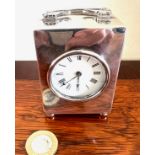 SILVER CASED CLOCK, FRENCH MOVEMENT, LONDON 1914, APPROX 7.5 x 5.5 x 4.25cm NOT WORKING, REPAIR TO