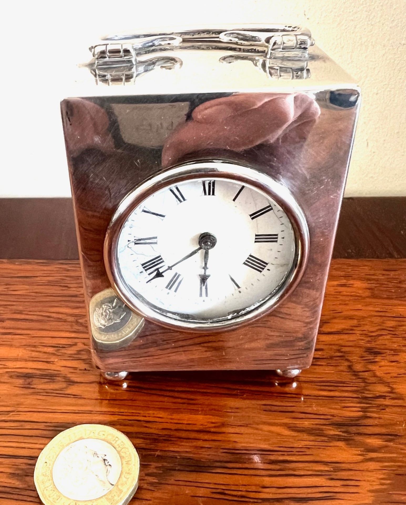 SILVER CASED CLOCK, FRENCH MOVEMENT, LONDON 1914, APPROX 7.5 x 5.5 x 4.25cm NOT WORKING, REPAIR TO