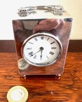 SILVER CASED CLOCK, FRENCH MOVEMENT, LONDON 1914, APPROX 7.5 x 5.5 x 4.25cm NOT WORKING, REPAIR TO