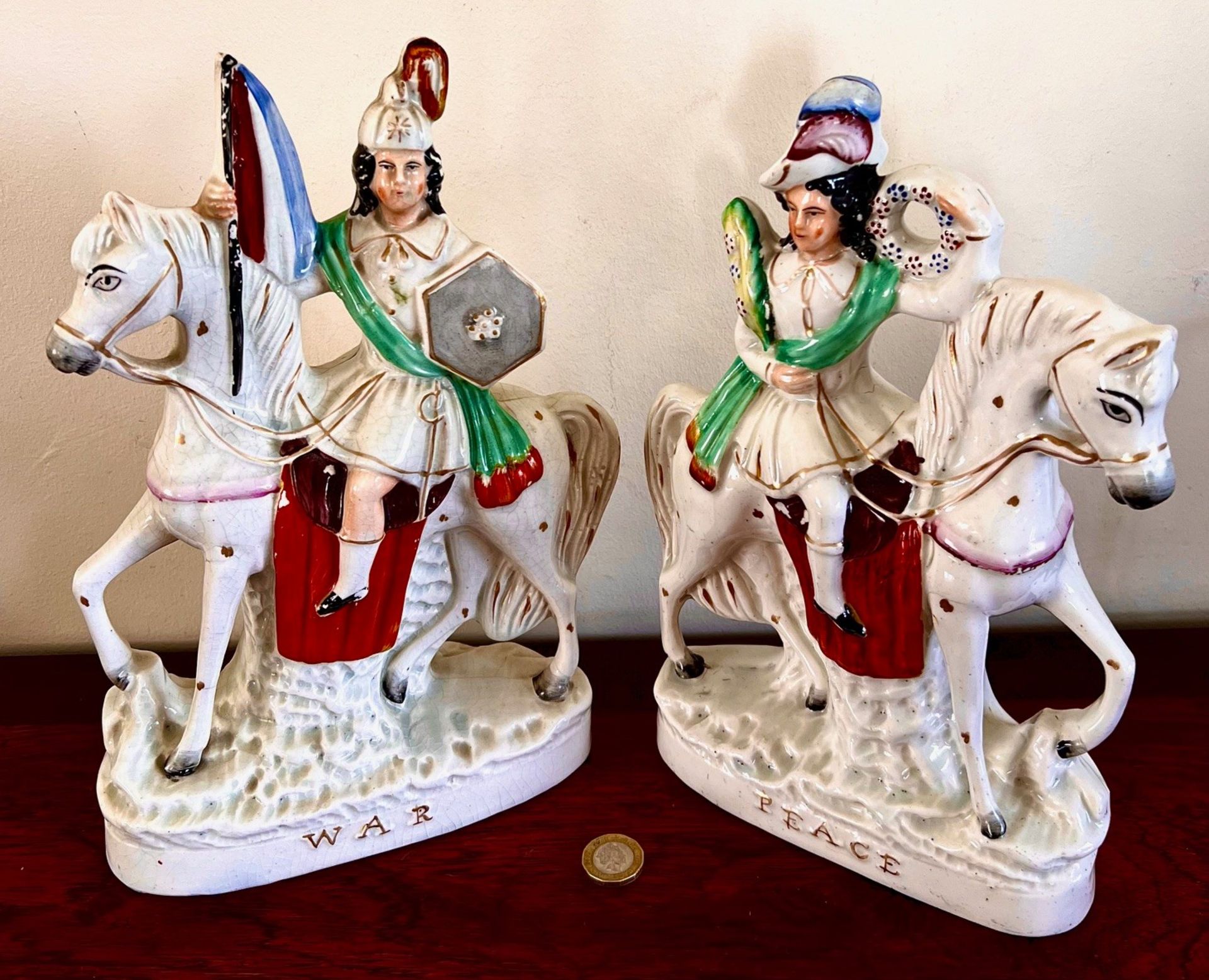 PAIR OF STAFFORDSHIRE 19th CENTURY 'WAR & PEACE' CERAMIC FIGURES, APPROX 29cm HIGH