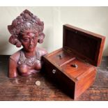 INDONESIAN HARDWOOD BUST AND ALSO TWO SECTION MAHOGANY TEA CADDY