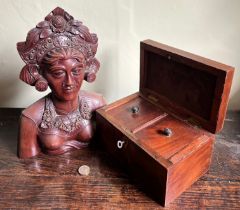 INDONESIAN HARDWOOD BUST AND ALSO TWO SECTION MAHOGANY TEA CADDY