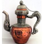 19th century Indian style hammered copper and white metal coffee pot. Approx. 33cms H used with