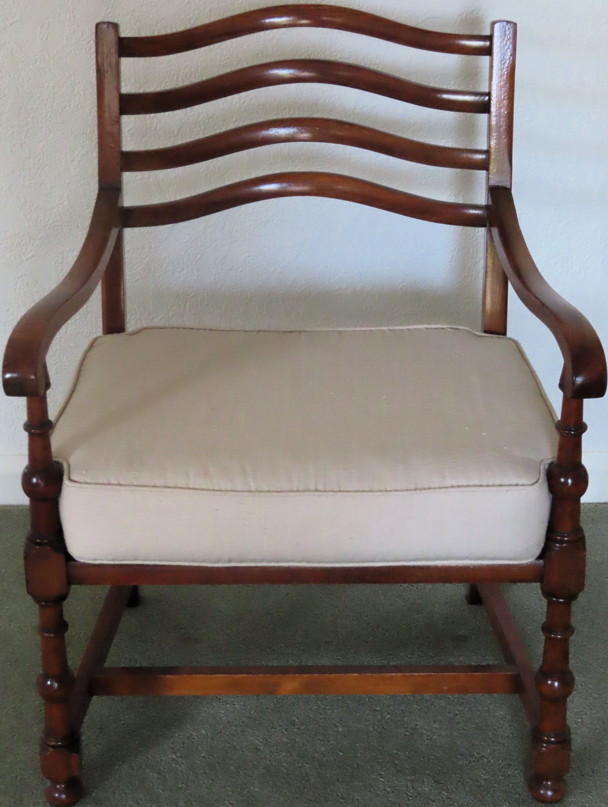20th century mahogany bergere seated ladderback armchair. Approx. 77cms H reasonable used