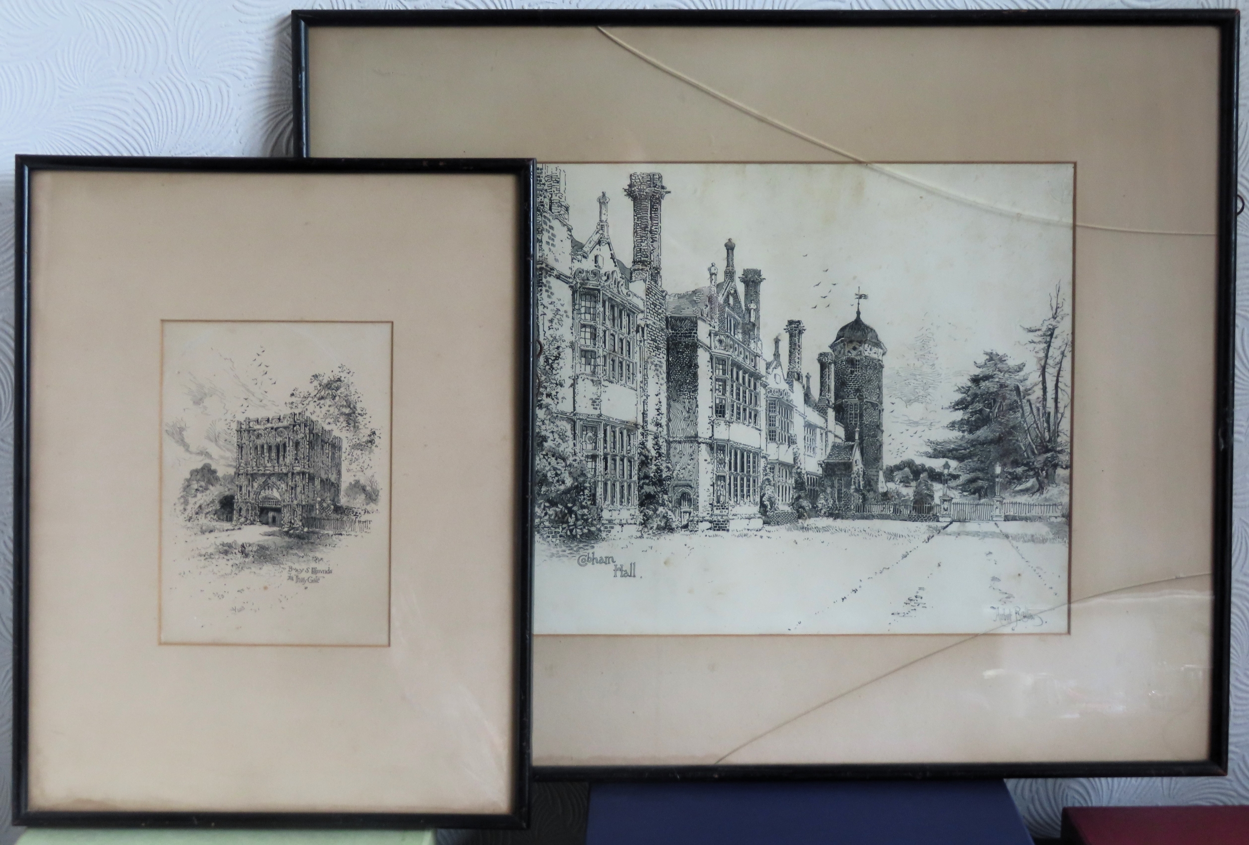 Two Herbert Railton monochrome prints - Cobham Hall & Bury St Edmunds, The Priory Gate. Largest