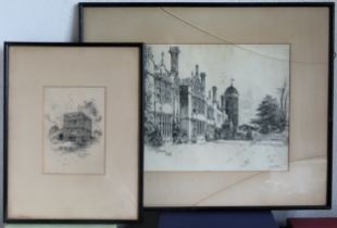 Two Herbert Railton monochrome prints - Cobham Hall & Bury St Edmunds, The Priory Gate. Largest