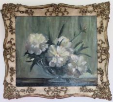 Vintage framed still life oil on board depicting a vase of flowers. Approx. 45 x 49cms used
